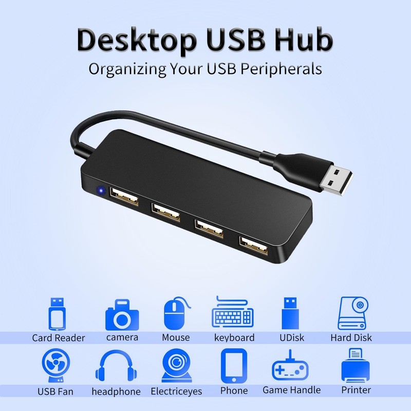 USB hub, 4-port USB 2.0 hub, ultra-thin portable USB splitter,