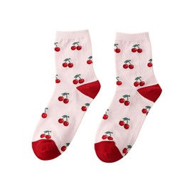 SHENHE Women's Cute Cherry Socks Kawaii Coloblock Knitted Crew Stockings Breathable Above Ankle Socks Pink One-Size