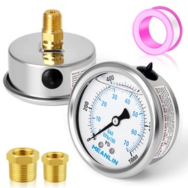MEANLIN MEASURE 0~1000Psi Stainless Steel 1/4" NPT 2.5" FACE DIAL Liquid Filled Pressure Gauge WOG Water Oil Air,Center Back Mount, with 1/4" x 1/2" NPT and 1/4" x 3/8" NPT Hex Bushing