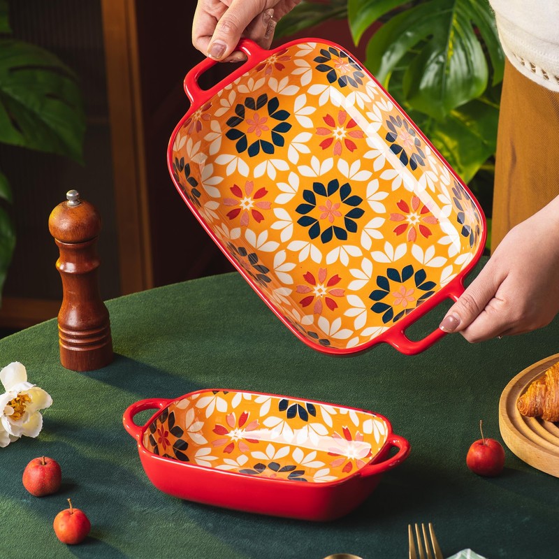 ONCCI Ceramic Baking Dish Set, 2-Piece Hand-painted Porcelain Rectangular Bakware