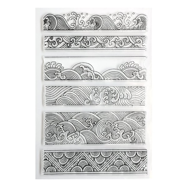 Retro Style Ocean Waves Borders Lines Clouds Clear Stamps -