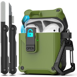 RFUNGUANGO for Airpods 2nd and 1st Generation Protective Cases Automatic Pop-up with Safety Lock Clip, Full Body Shockproof Hard Case with Keychain (Cleaning Tool) - Olive Green
