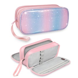 FINPAC Pencil Case - Large Capacity Pencil Case with 3 Compartments Pen Bag Pencil Case Pencil Bag School Pencil Case for School and Office, Pink Blue, pencil case
