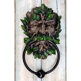 Ebros Gift English Celtic Traditional Greenman Forest Deity Spirit Decorative Door Knocker Figurine Resin Sculpture with Cast Iron Ring Ball Wiccan Tree of Life Themed Accent