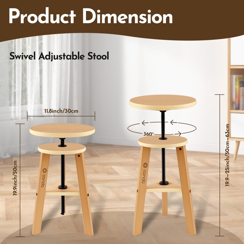 conda Adjustable Height Wooden Drafting Stool 19" to 26", Beech