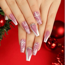 Christmas Press on Nails Coffin Medium Fake Nails White French Tip False Nails With Rhinestones Snowflake Designs Acrylic Stick on Nails Full Cover Artificial Nails for Women Winter Xmas 24Pcs