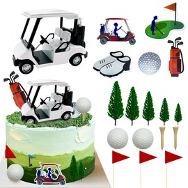 19 decoraciones para tartas de golf, decoración para tartas de golf, carrito de golf, decoración para tartas de golfistas con bandera roja para suministros de fiesta temática de golf, decoración de fiesta de cumpleaños
