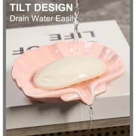 Ceramic Soap Holder, Sea-Shell Soap Tray with Self Draining, Soap Tray for Sink Washroom Bathroom Shower, Small Cute and Elegant Holder with Glaze, Easy Cleaning (Pink)