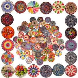 100 PCS Wooden Buttons, Vintage Round Buttons Retro Buttons Geometric Buttons,Handmade Crafts Buttons, Assorted Vintage Round Wooden Flower for Sewing & Crafting & Decorating(20mm)