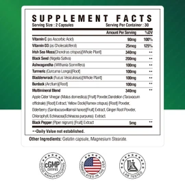 Sea Moss Black Seed Oil Ashwagandha Ginger Supplement - Irish Sea Moss Capsules with Turmeric, Bladderwrack & Burdock - 16 in 1 Immune, Joint and Gut Support - 60 Capsules