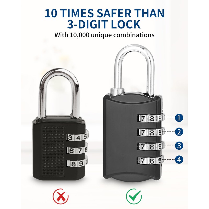 Pack of 4 Combination Padlocks, Small Combination Lock, Lock with