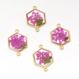 6PCS Gold Tone Queen Anne's Lace Flower Resin Hexagon Charm Connector GYX853