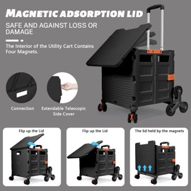 Foldable Utility Cart Collapsible Portable Crate Rolling Carts with Stair Climbing Wheels Tote Basket with Magnetic Lid Telescopic Cover Wear-Resistant 360°Rotate Wheel Noiseless for Shopping Office