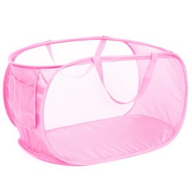 Diggoour Durable Collapsible Laundry Baskets, Mesh Pop Up Laundry Hamper with Handy Pocket, Foldable Clothes Hamper with Reinforced Carry Handles for Laundry, Bathroom, Kids Room or Travel Pink