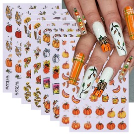 Pumpkin Nail Stickers Fall Nail Decals 3D Self Adhesive Nail Art Stickers Orange Flower Fallen Leaves Sunflower Star Design Thanksgiving Sticker for Nails Decor Manicure Supplies for Women 8 Sheet
