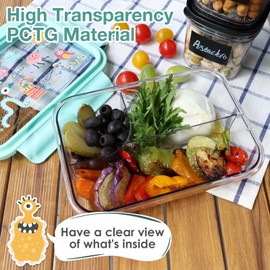 WHALEHOUSE Clear Eco-friendly ECOZEN PCTG Bento Lunch Box, 3 Compartment Durable Plastic Meal Prep Container, Airtight Food Storage Containers with Snap Locking Lids, Microwave Safe (Green, 1000ML)