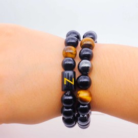 ZZ ZINFANDEL Initial Letter Black Obsidian Beaded Bracelets for Men, Mens Triple Protection Bracelet,10mm Natural Black Onyx Tiger Eye Stone Beads Bracelets (H)