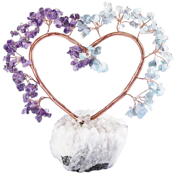 TUMBEELLUWA Natural Crystal Stones Tree with Rock Crystal Cluster Base Quartz Bonsai Money Tree for Home, Office and Feng Shui Decor, Amethyst and Aquamarine