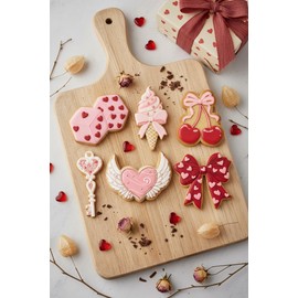 Dacmern - Juego de 6 cortadores de galletas de corazón – 2-3 pulgadas, lazo valentino de gran tamaño, amor en dados, corazón de ala de ángel, helado, cereza y formas de llave, PLA, seguro para