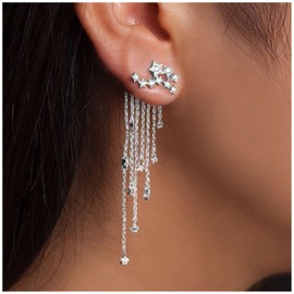 Cimenexe Bohemian Paved Star Chain Earrings CZ Waterfall Tassel Earrings Crystal Shooting Star Drop Earrings Tiny Star Ear Crawler Earring Silver Star Stud Earrings Jewellery for Women