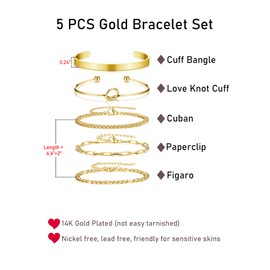 Zysta 5PCS 14K Gold Bracelet Sets for Women Ladies Layered Dainty Link Chain Bangle Cuff Bracelets Gold Jewellery Gifts for Mother's Day Valentine's Day Wedding Birthday