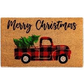 Whaline Christmas Door Mat Natural Coir Door Mat Decorative Xmas Red Black Plaid Truck Non-Slip Entrance Door Rugs for Indoor Outdoor Bathroom, 16.5 x 29 Inch