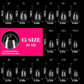 LoveOurHome 600pc Extra Short Oval Nail Tips Clear Fake Nails XS Round Almond Gel Nail Tips Full Cover Acrylic Nails Clear Press on Nails Short Oval 15 Size False Fingernail for Gel Nail Extension