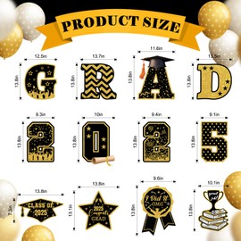 12 Pcs Graduation Yard Signs Class of 2025 Black Gold Outdoor Graduation Decorations 2025 Grad Yard Signs with Stakes Graduation Lawn Signs for College High School Party Decor
