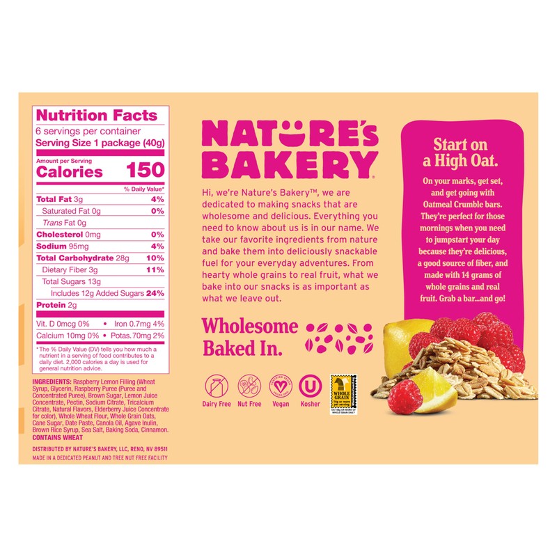 Nature's Bakery Oatmeal Crumble Bars, Raspberry Lemon, Real Fruit, Vegan,