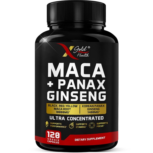Maca Root Capsules 10,000mg + Korean Panax Ginseng 1,400mg - 20x Concentrated Extract Black + Red + Yellow Maca Root, 10x Concentrated Extract Panax Ginseng Capsules - Ultra Potent & Highly Purified