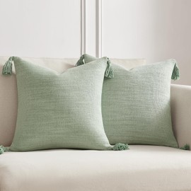Meekio Set of 2 Pale Sage Pillow Covers 20 x 20 inches Neutral Pillow Covers Textured Throw Pillow Covers with Tassels for Neutral Home Decor