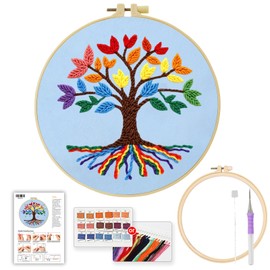 JOZYSH Punch Needle Embroidery Starter Kits for Kids and Adults Beginners, Include Instructions, Punch Needle Fabric with Animal Pattern, Yarns, Embroidery Hoops and Threader Tools (Tree)