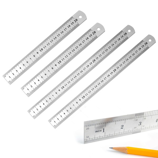 Set of 4 Stainless Steel Rulers, 20/30 cm Ruler Metal