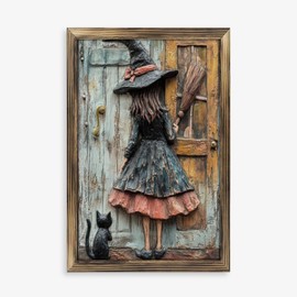 Rustic Long Wooden Framed Art " Carved Witch Wooden Door Relief Sculpture " Farmhouse Style Wall Decor Sign for Tabletop Or Hanging - Durable Handcrafted Wood Print - Home & Office Decoration