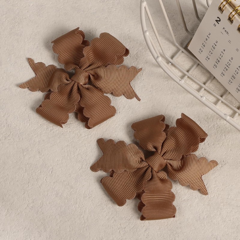 3 Inch Brown Grosgrain Scalloped Edge Bow Hair Clips for