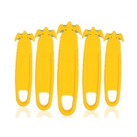 Safety Box Cutter, T TOVIA SK2 Stainless Steel Concealed Blade Package Opener with Tape Splitter for Cartons, Cardboard, Wrap, Straps, Film (5 Pieces - Yellow)