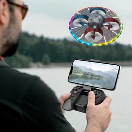 Round Foam RC UFO Drone with Camera – Smart Obstacle Avoidance, Multi-Color LED Lights (Color Switching), 360° Flips, Throw-to-Fly, Speed Adjustment, Remote Control Plane Helicopter, One-Key Takeoff/Landing, Headless Mode, Altitude Hold, Image Transmission, Beginner-Friendly FPV Quadcopter (Black)