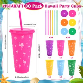 VISTARAFT 30PCS 24oz Tropical Party Cups with Lids and Straws – 6 Colors Reusable Plastic Tumbler Cups for Luau, Pool, Beach, Tiki, and Hawaiian Party Decorations & Favors