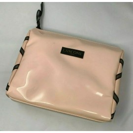 Lancome Pink Patent Zippered Gold Cosmetic Bag, Black Ribbon Trim