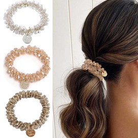 Cubahop 3Pcs Beaded Hair Ties Crystal Ponytail Holder Hair Scrunchies Elastic Hairband Hair Accessories for Women