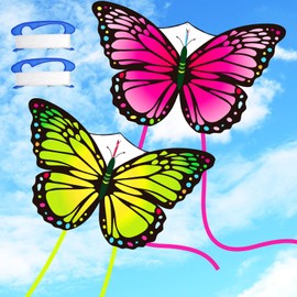 Silipull 2 Pcs Kites Butterfly Kite 55" x 28" Large Kites with 328ft Kite String Beach Kites Colorful Kite for Adults Beginner Outdoor Supplies (Pink and Green)