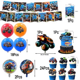 Monster Truck Birthday Decoration, Monster Truck Party Tableware Set, Car Party Decoration Children's Birthday, Includes Tablecloth, Paper Plates, Banner, Birthday Decoration Party Set for 10 People