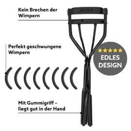 KLIHN - Exclusive eyelash curler, eyelash curler including 8 extra replacement rubber pads - The make-up tool for perfectly curved eyelashes made of high-quality carbon steel (black)