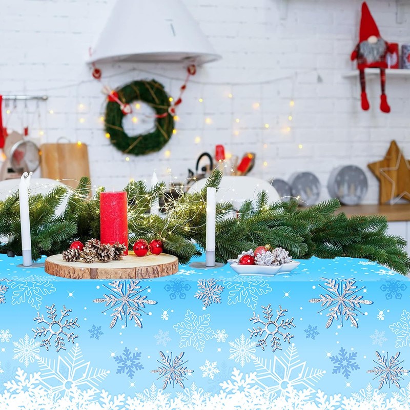 2 Pcs Christmas Plastic Tablecloth,54” x 108” Winter Blue Snowflakes