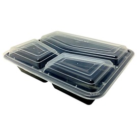 Tristone Black 3-Compartment Divided Microwaveable Food Safe Containers w/Lid 50 Sets (Pack of 50)