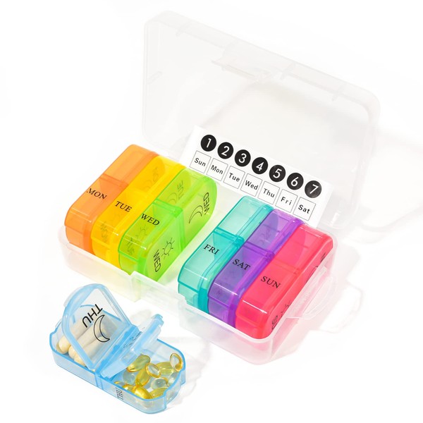 Weekly Pill Organizer 2 Times a Day with Custom Labels, AM PM Pill Box with 7 Removable Pill Boxes for Medicine, Medicine, Vitamins and Fish Oils