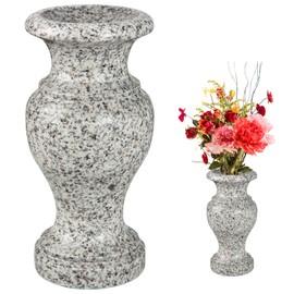 Cemetery Vase, Turned Granite Vase Polished, Memorial Stone Vases with Draining Holes for Home Tabletop, Cemetery Flowers, Grave Headstone Decorations (1pc, Grey)