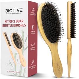 BICTIVE® Set von 2 Wildschweinborsten Bürsten mit Toupierkamm. Naturhaarbürste, Sleek Bun Bürste, Haarbürste Wildschweinborsten