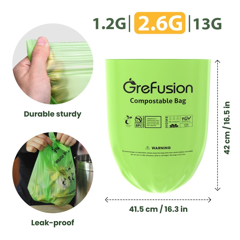 GreFusion 2.6 Gallon Compostable Trash Bags, 100 Count, Extra Thick