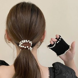 Wenlly 5 Pieces Fashion Hair Scrunchies with High Elasticity Pearl Hair Ties Ponytail Holder Wrist Strap Headband Hair Accessories for Women and Girls